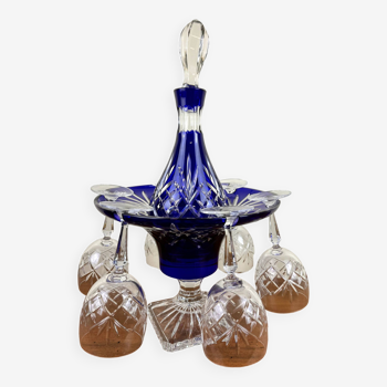 cooler bowl with its cut crystal wine carafe lined with Lorraine blue and 6 glasses