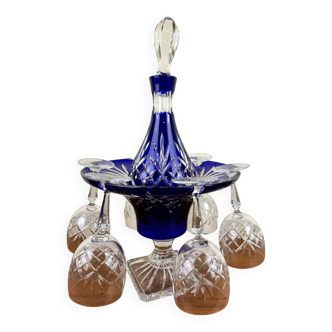 cooler bowl with its cut crystal wine carafe lined with Lorraine blue and 6 glasses