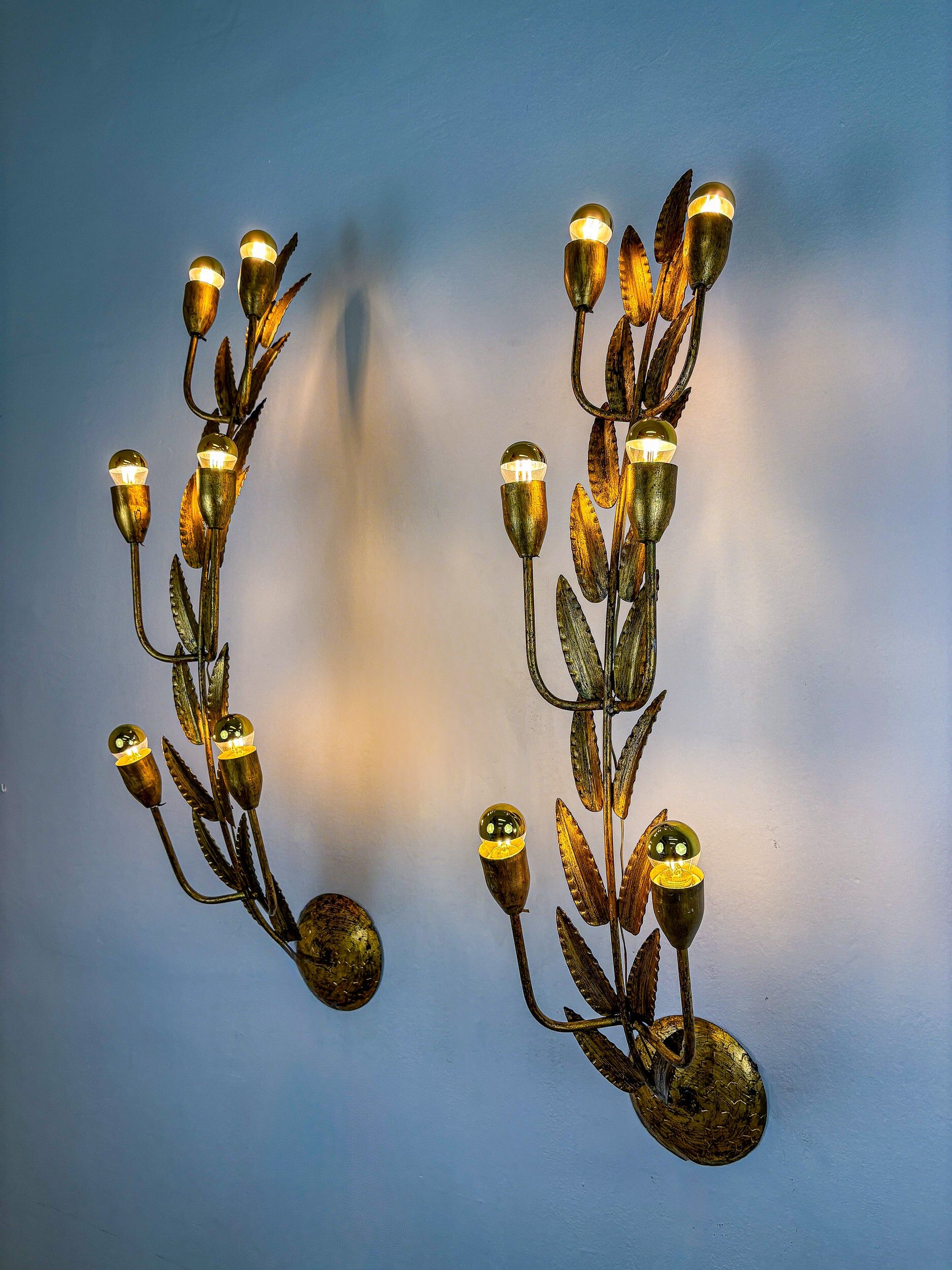 Pair of gilded floral wall lights by Ferro Arte, XL size, Spain, 1960s