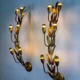 Pair of gilded floral wall lights by Ferro Arte, XL size, Spain, 1960s
