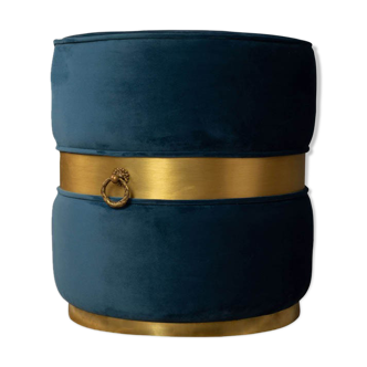Saskia upholstered round blue velvet pouf with brass inlay