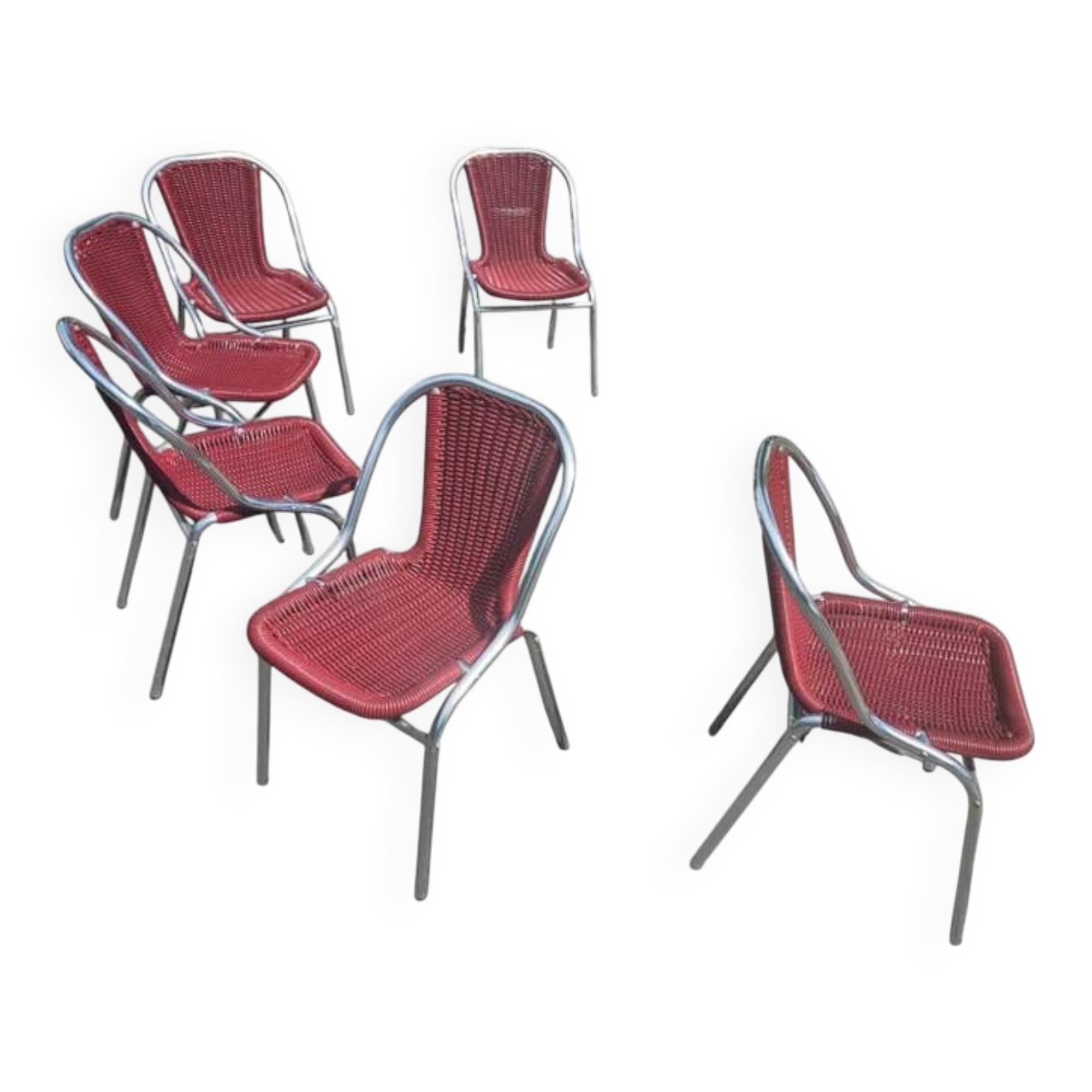 6 x red aluminium indoor/outdoor chair with synthetic weave (wicker/rattan look) 1980s