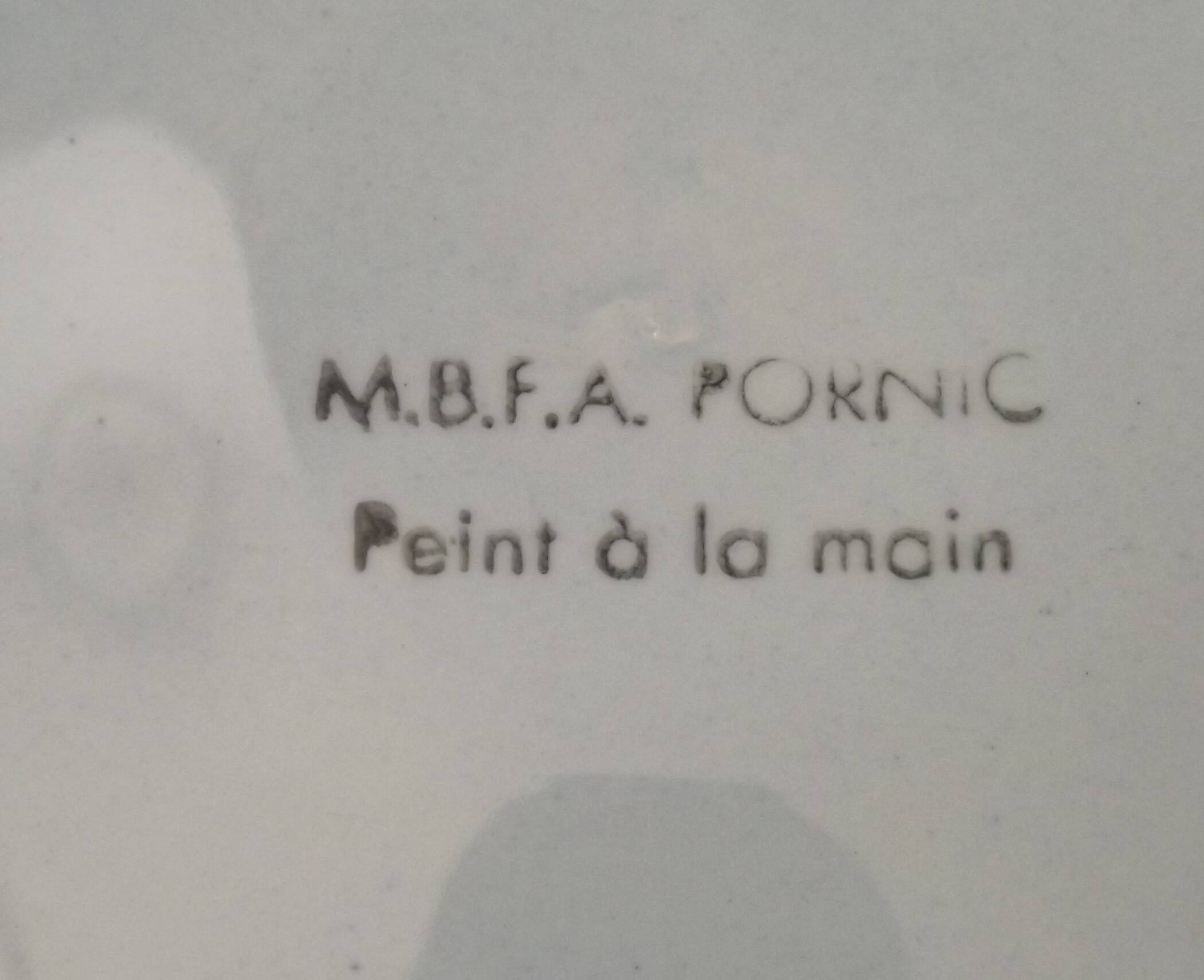 Set of 6 Vintage French Blue Grey & Orange Hand Painted Pordic 6 Serving Oyster Plates 4973