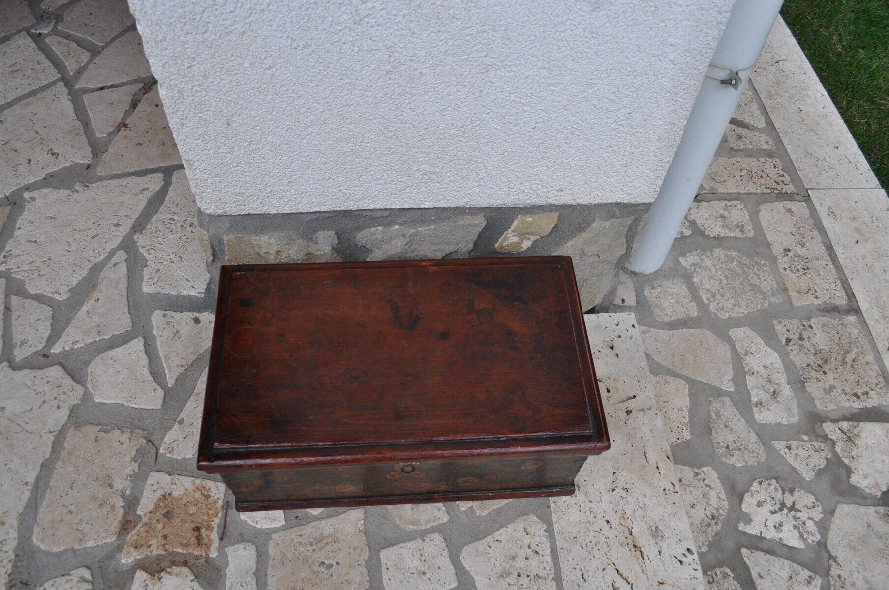 Antique brown pine chest, original paint visible, Czech Republic 1890-1919