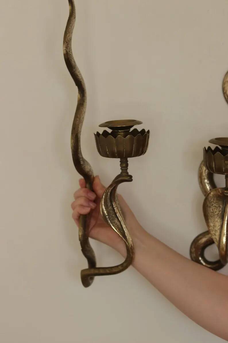 Pair of Egyptian Revival Style Engraved Brass Cobra Sconces