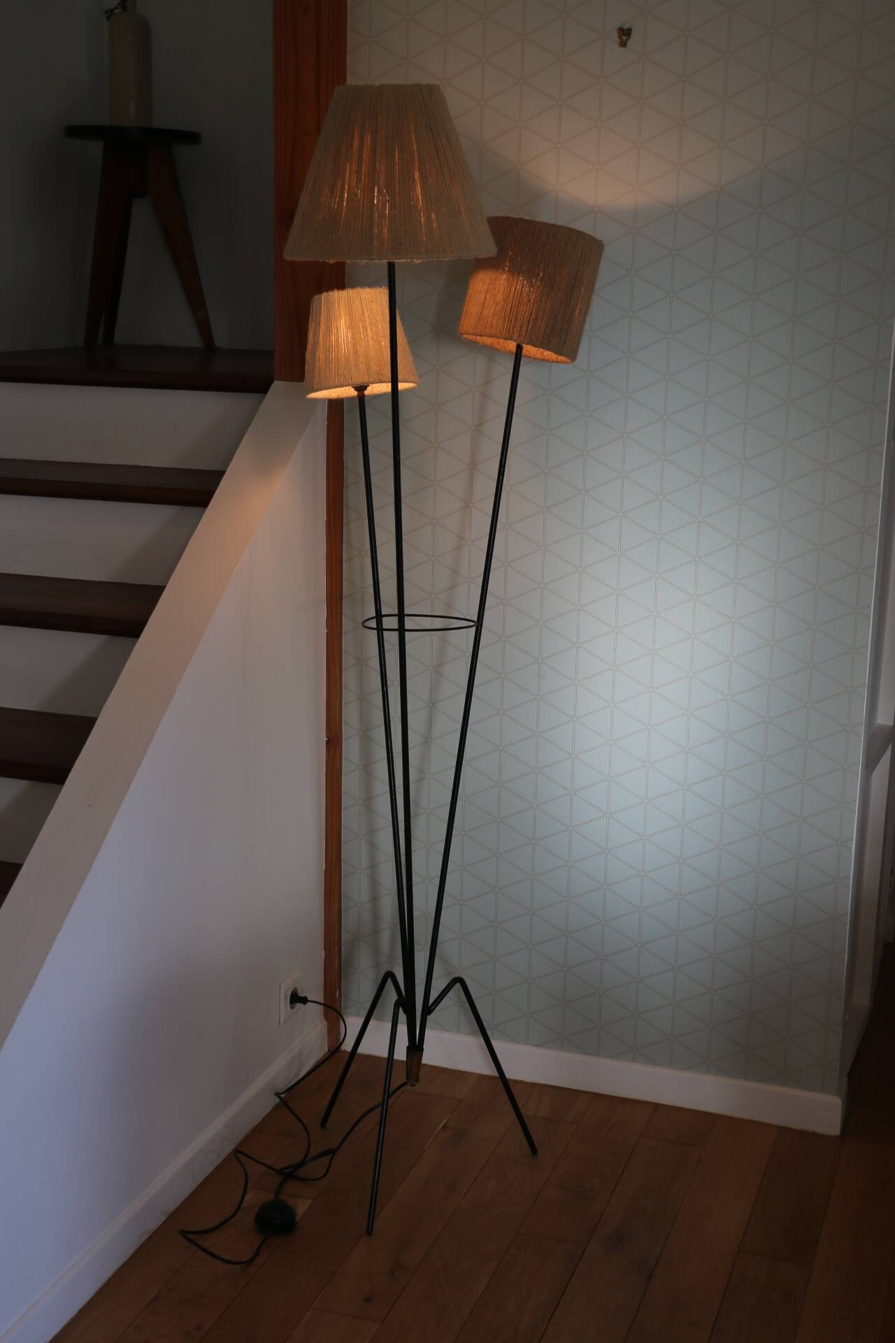 Black metal tripod floor lamp 1950