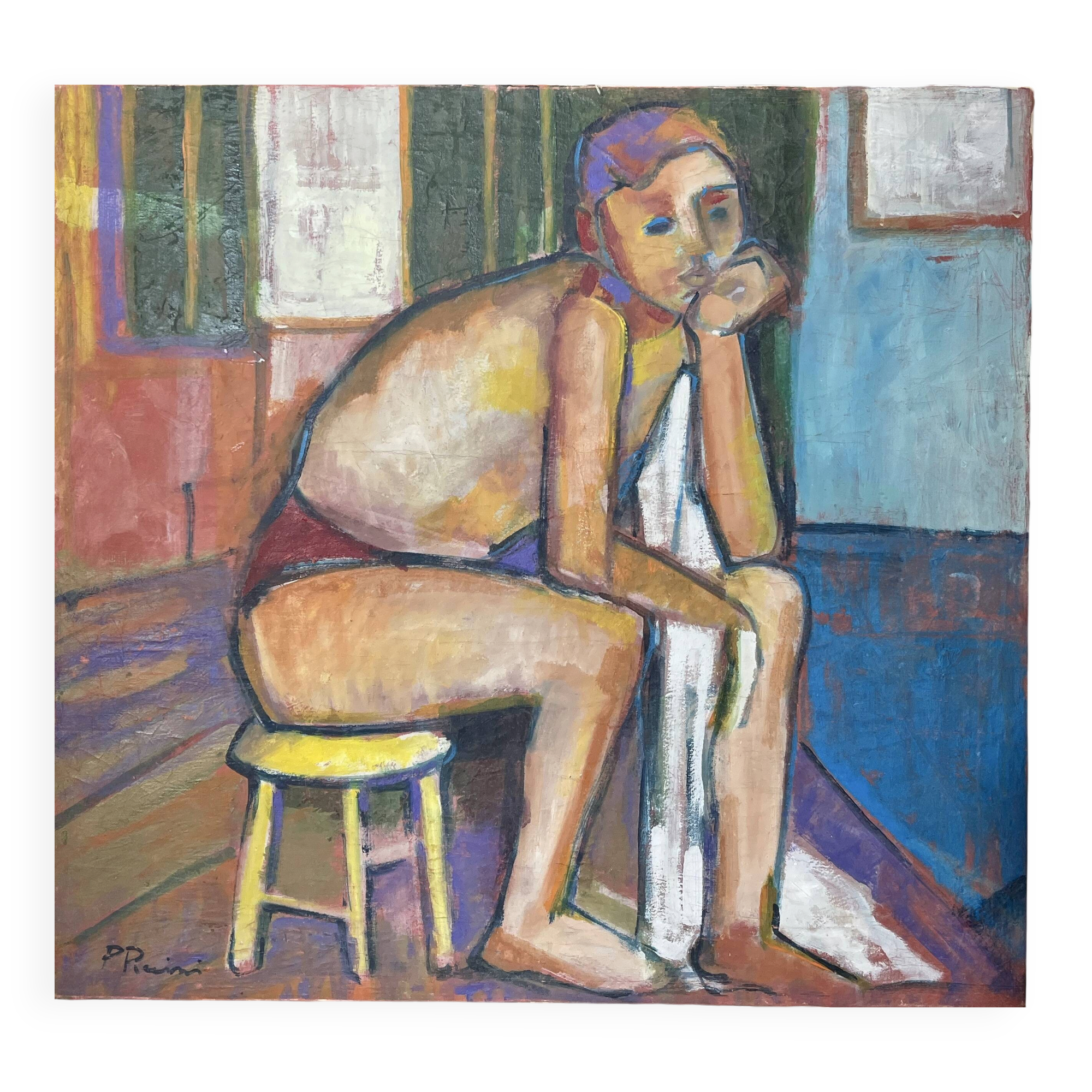 Large vintage figurative painting – Young man sitting – oil on canvas – art