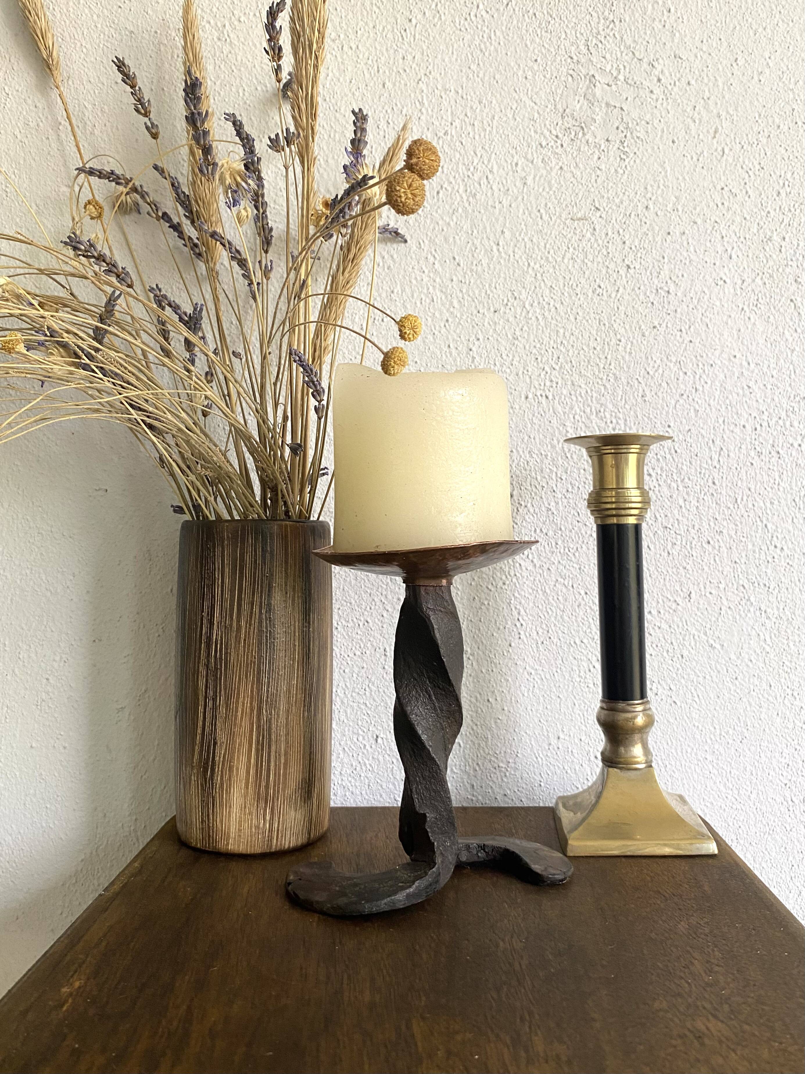 Brutalist wrought iron and brass candle holder