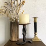 Brutalist wrought iron and brass candle holder