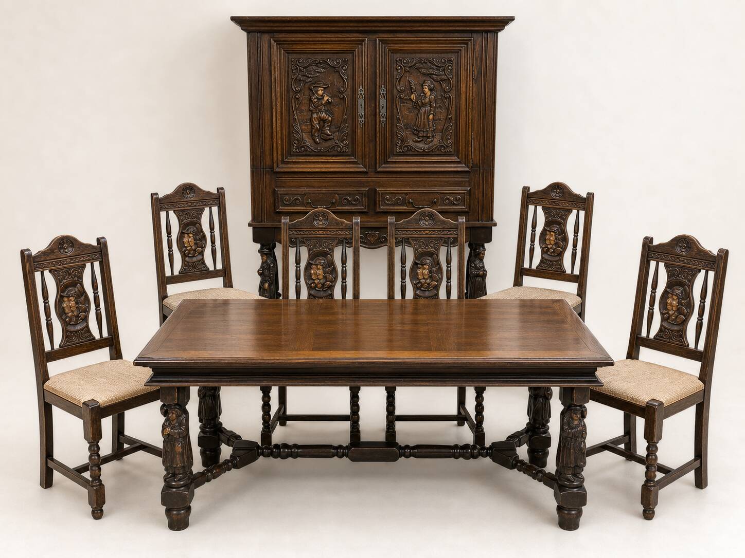 1950s Breton oak dining table + sideboard and 6 chairs