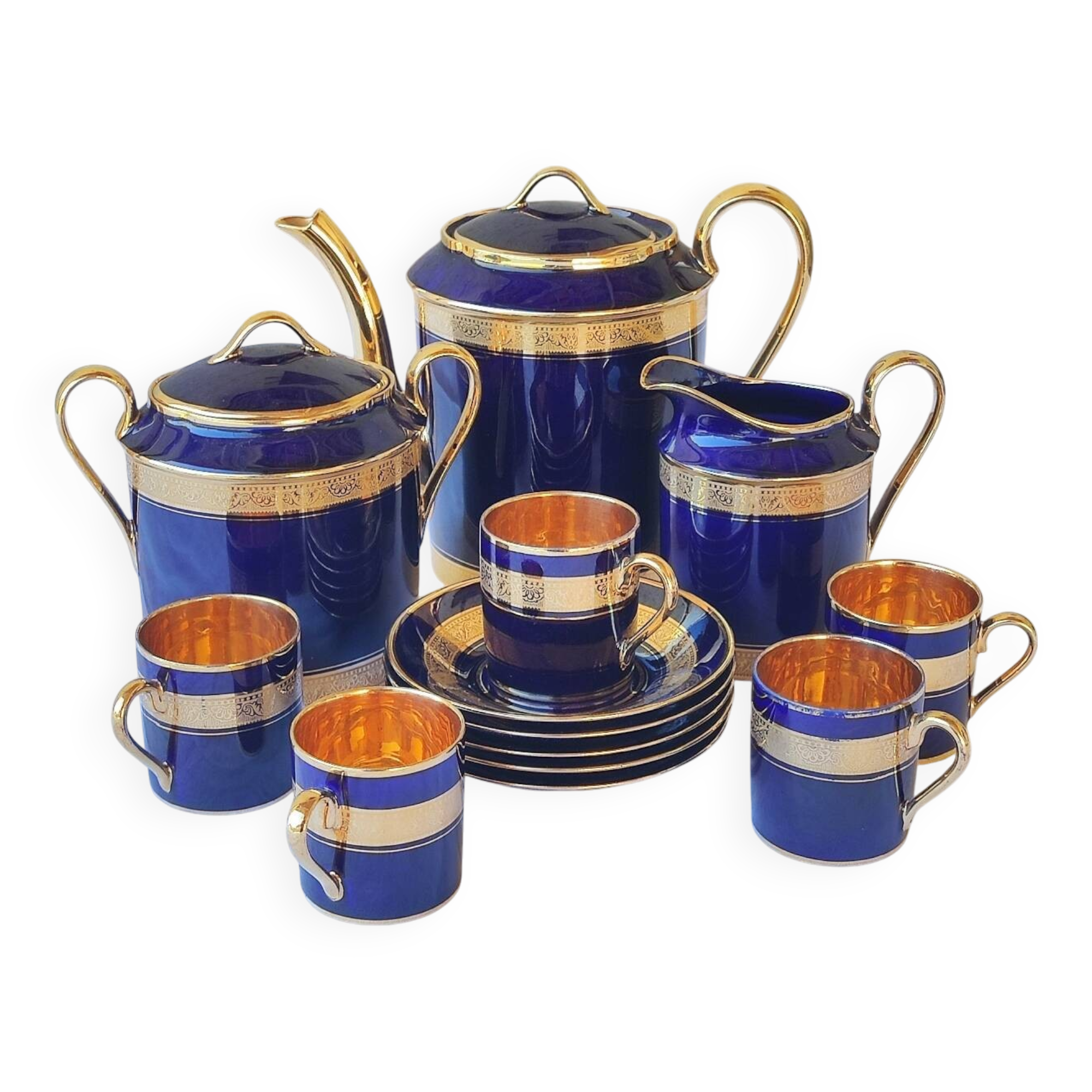 Limoges porcelain coffee service - Egle - Oven blue and gold -