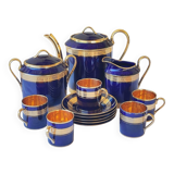 Limoges porcelain coffee service - Egle - Oven blue and gold -