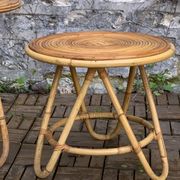 Pair of tripod coffee tables in rattan from the 1950s.