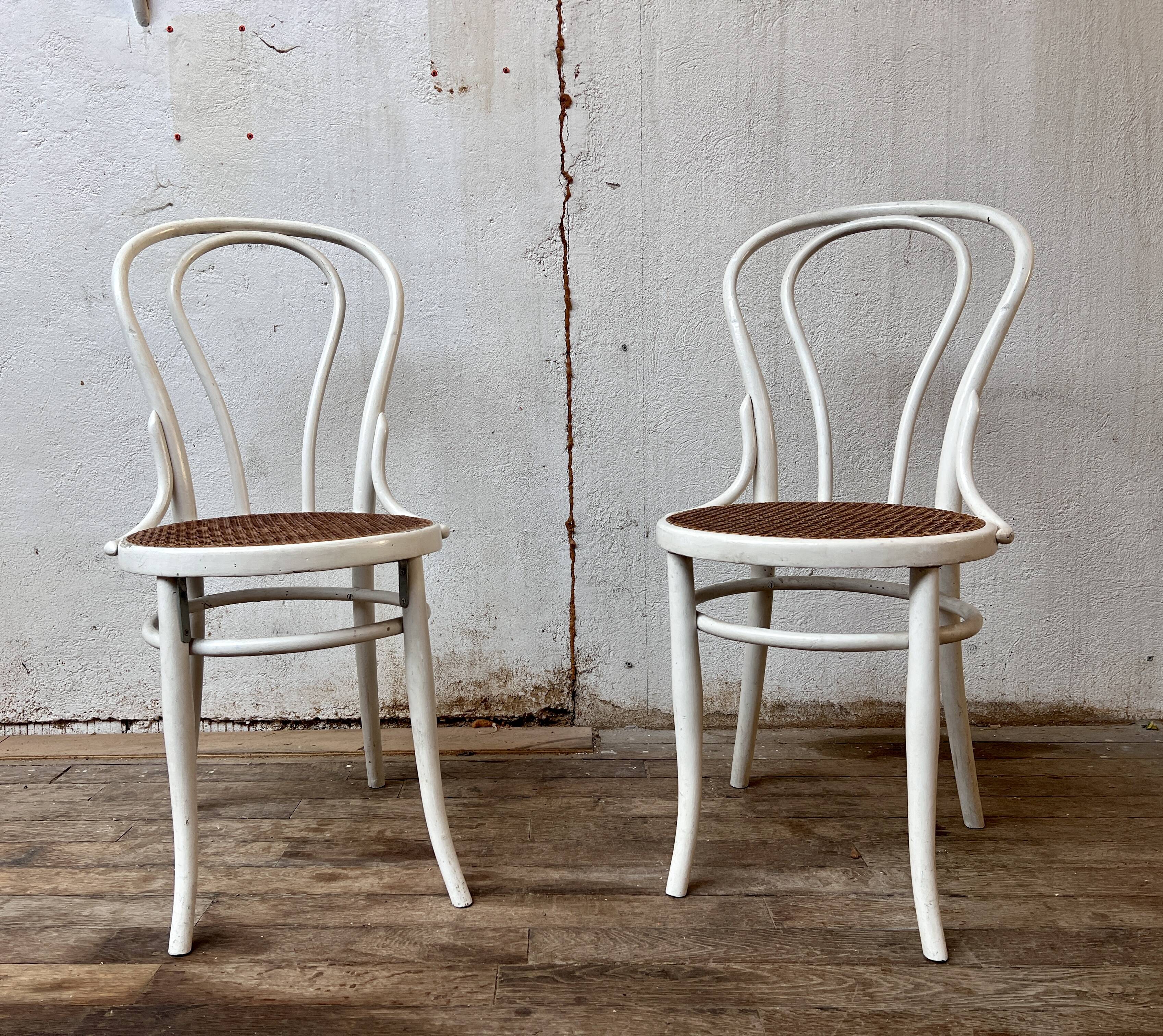 Pair of 2 bistro chairs in white bentwood and canework Jacob Josef Kohn