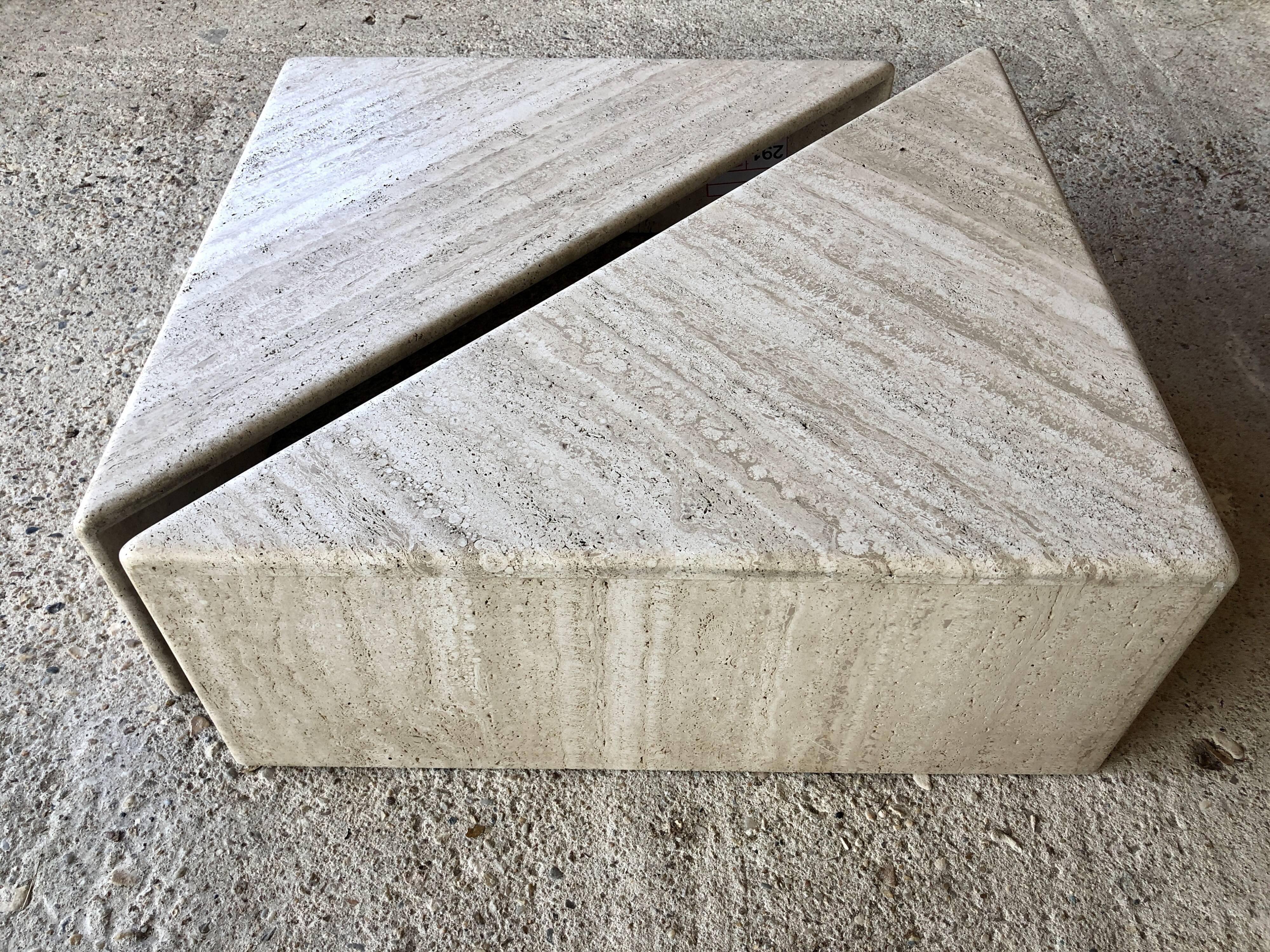 Pair of triangular coffee tables in travertine, Italy circa 70 / 80