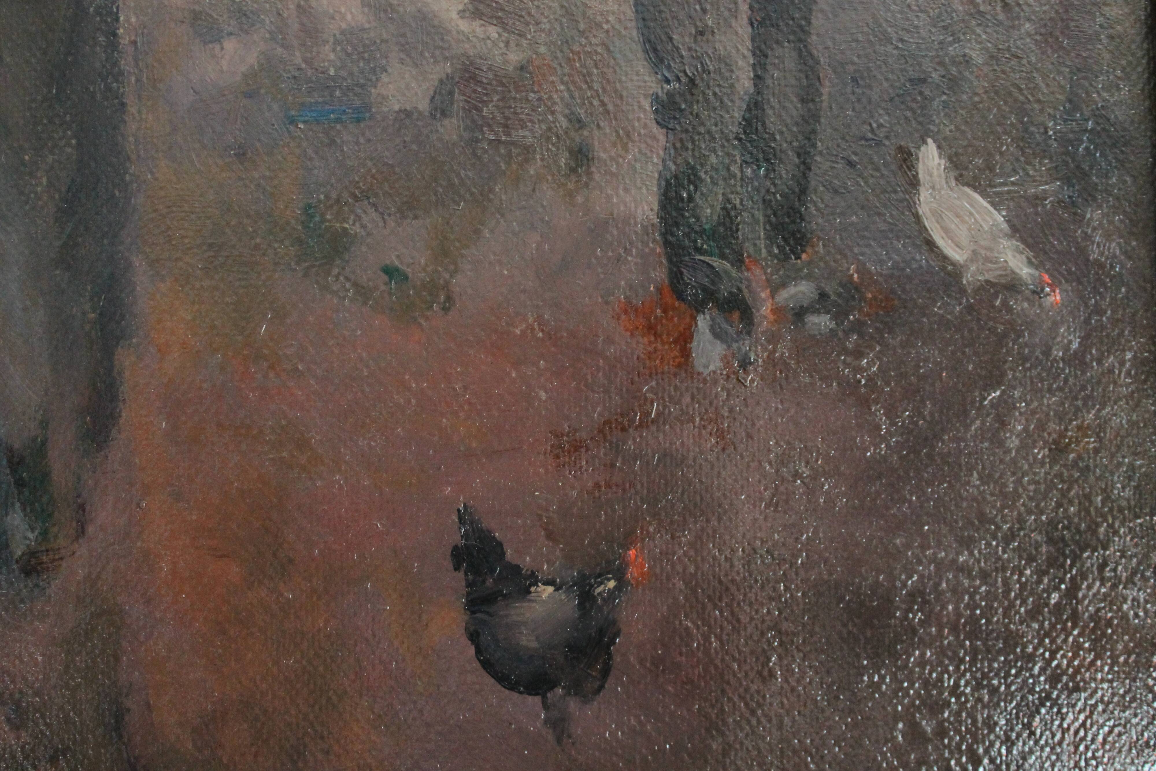 Oil on hardboard "Two workers at the press" post-impressionist painting