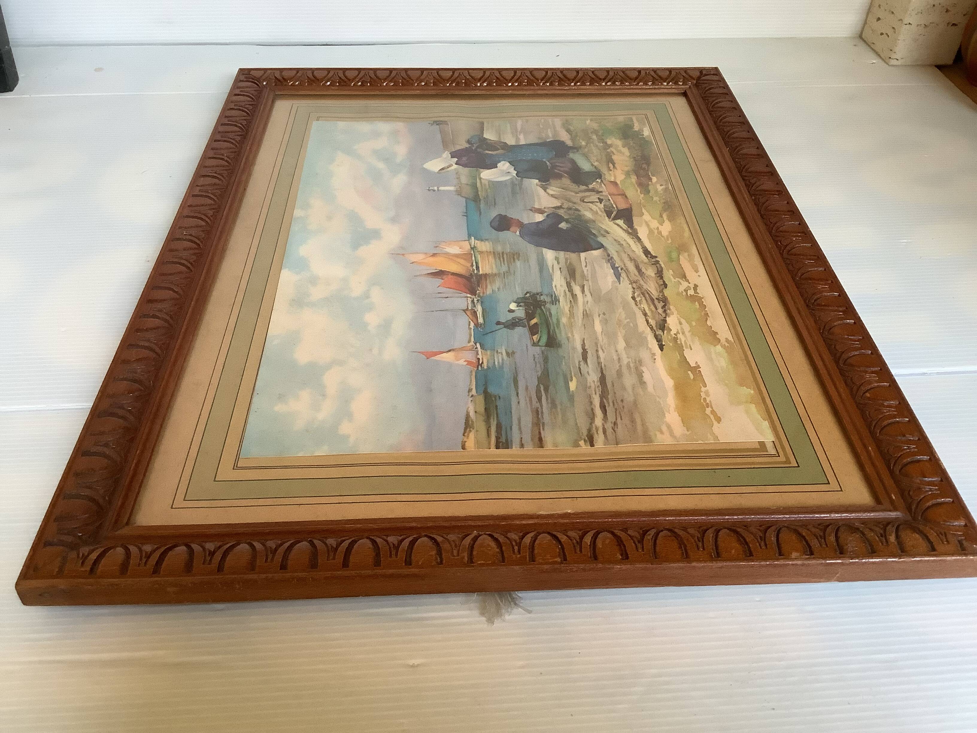 Large marine painting of fishermen and boats.