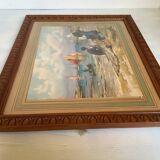 Large marine painting of fishermen and boats.