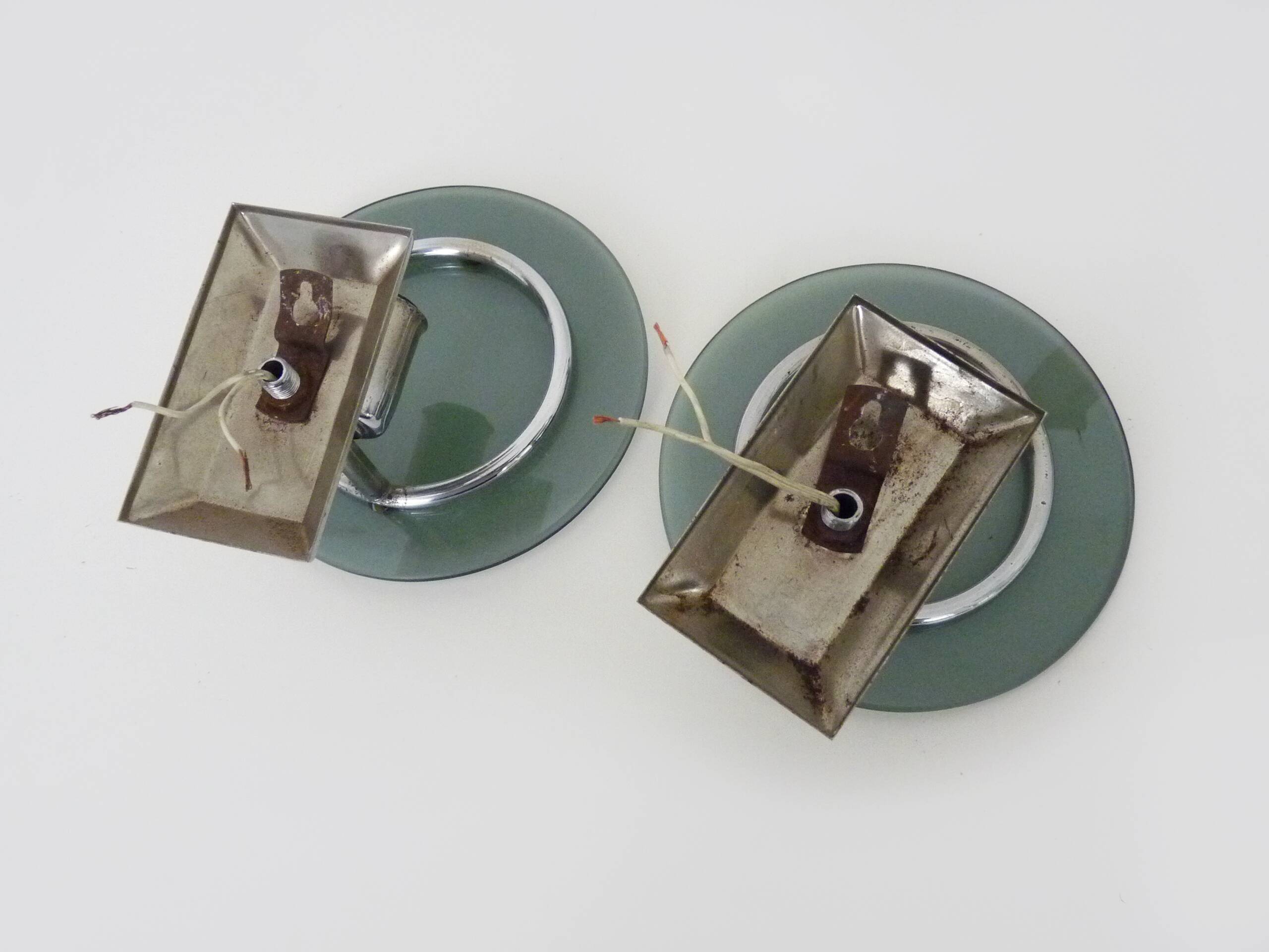 Pair of Italian wall lights in transparent blue-grey glass and chrome 70