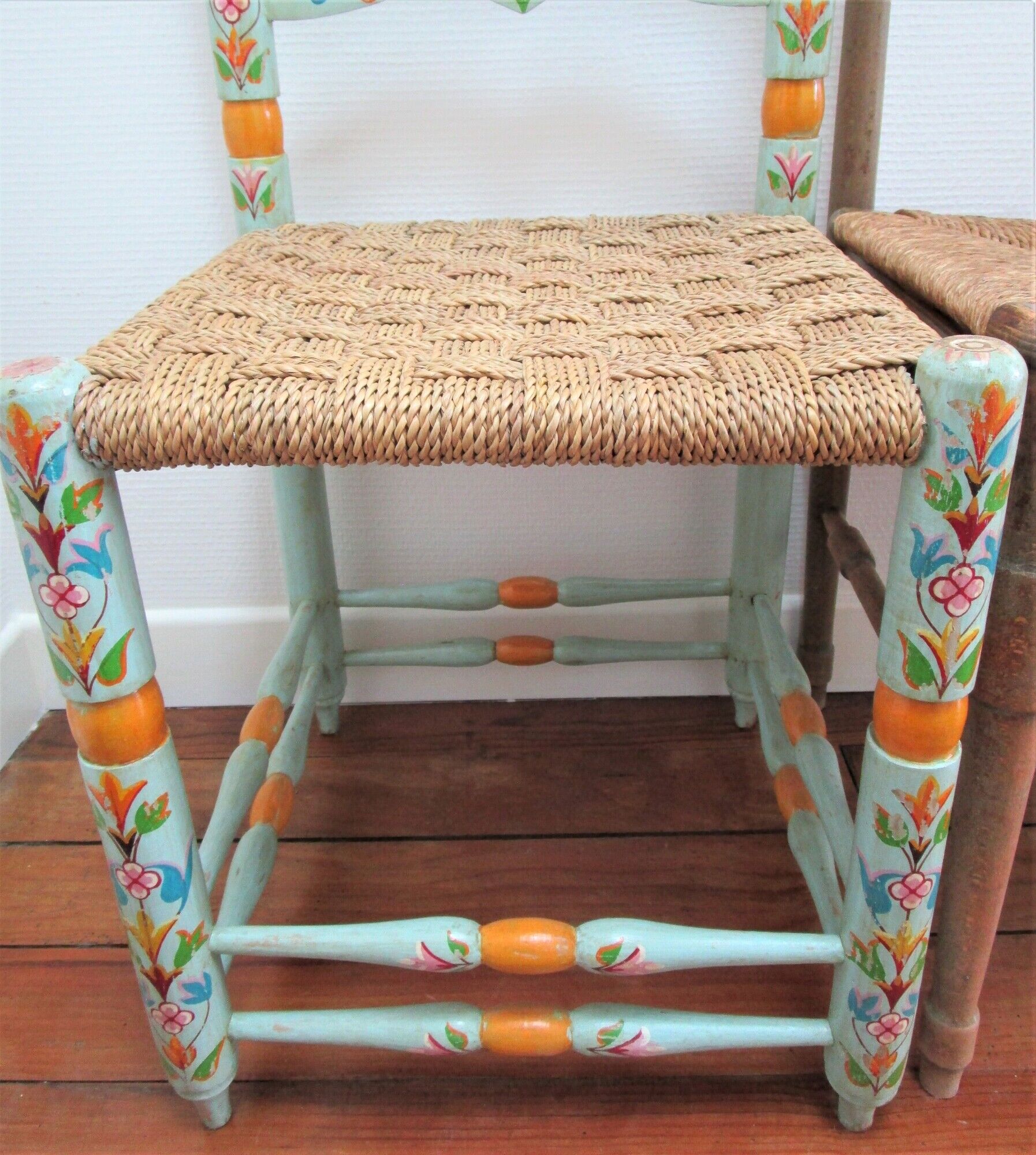Two chairs patinated polka dots and painted wood folk art seat vintage straw