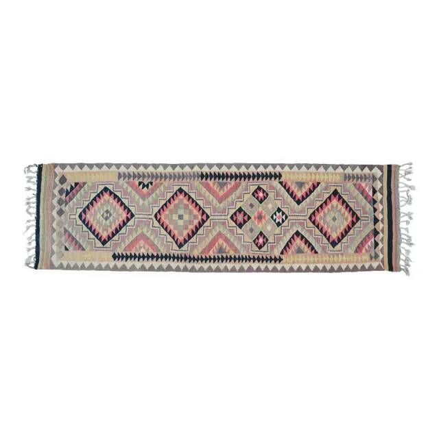 1970s Vintage Turkish Oushak Handmade Wool Cotton Purple Runner Rug 100x326