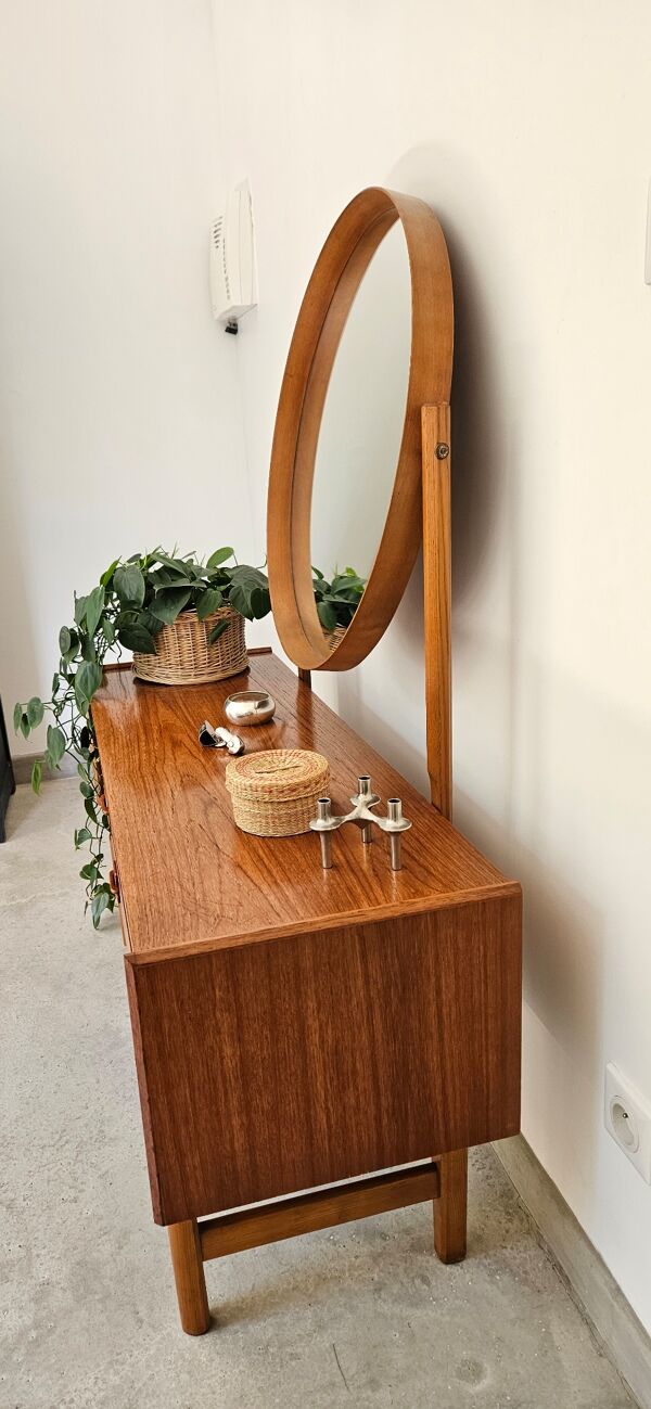 Coiffeuse miroir rond style Scandinave vintage 60 70 mid-century teck