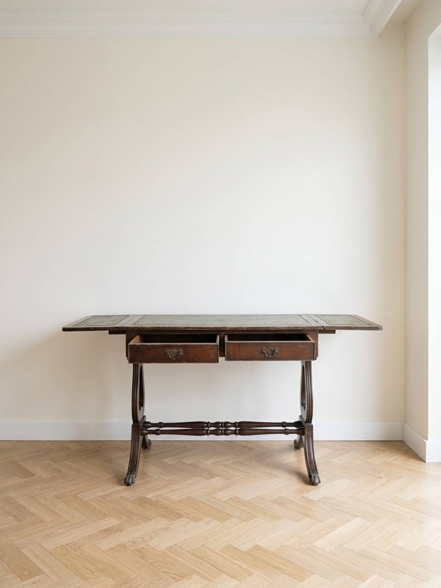 Napoleon III side table or desk in wood and green leather.