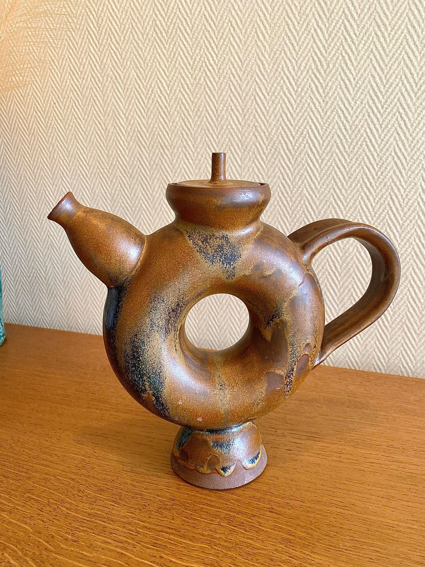 Glazed stoneware sculptural teapot signed