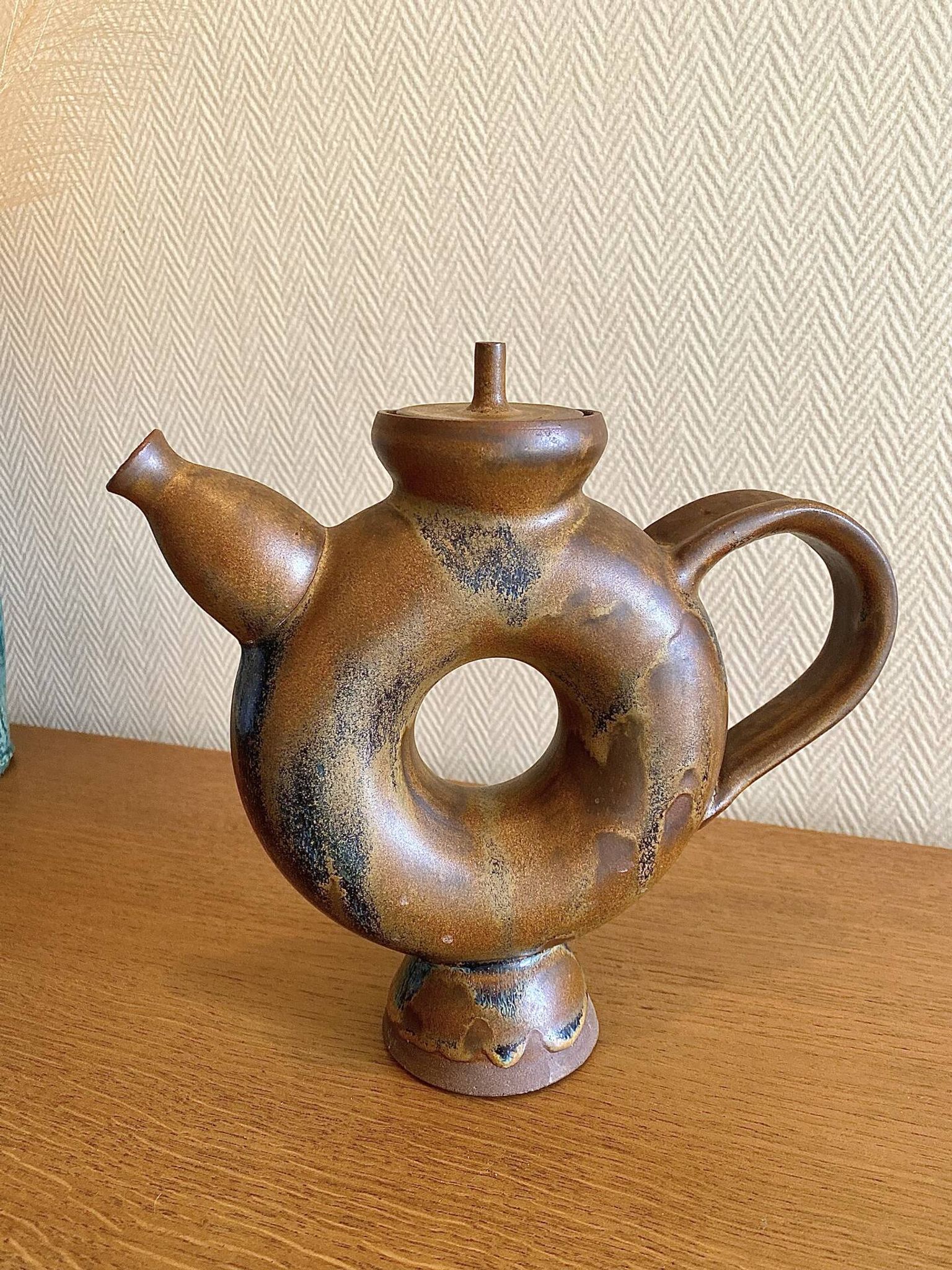 Glazed stoneware sculptural teapot signed