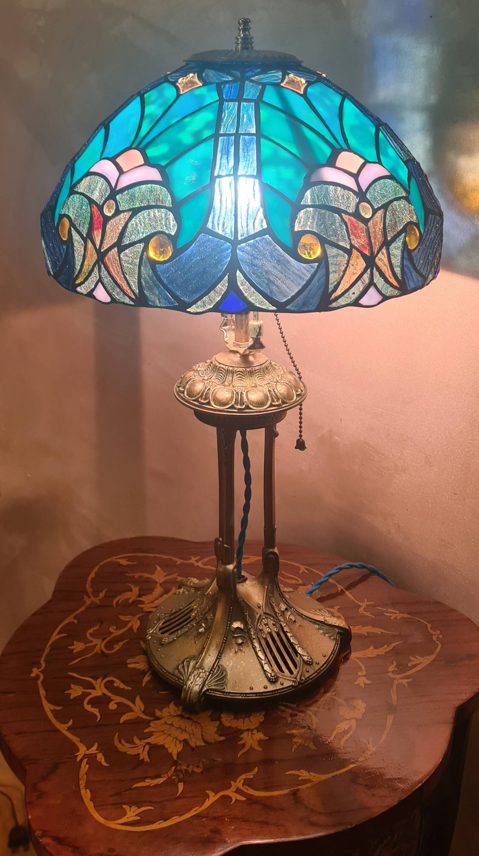Antique lamp, patinated bronze, art nouveau, stained glass lampshade