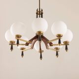 Italian mid-century chandelier in brass and teak, 1960s