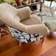 Renovated crapaud armchair with footrest - Boucle fabric