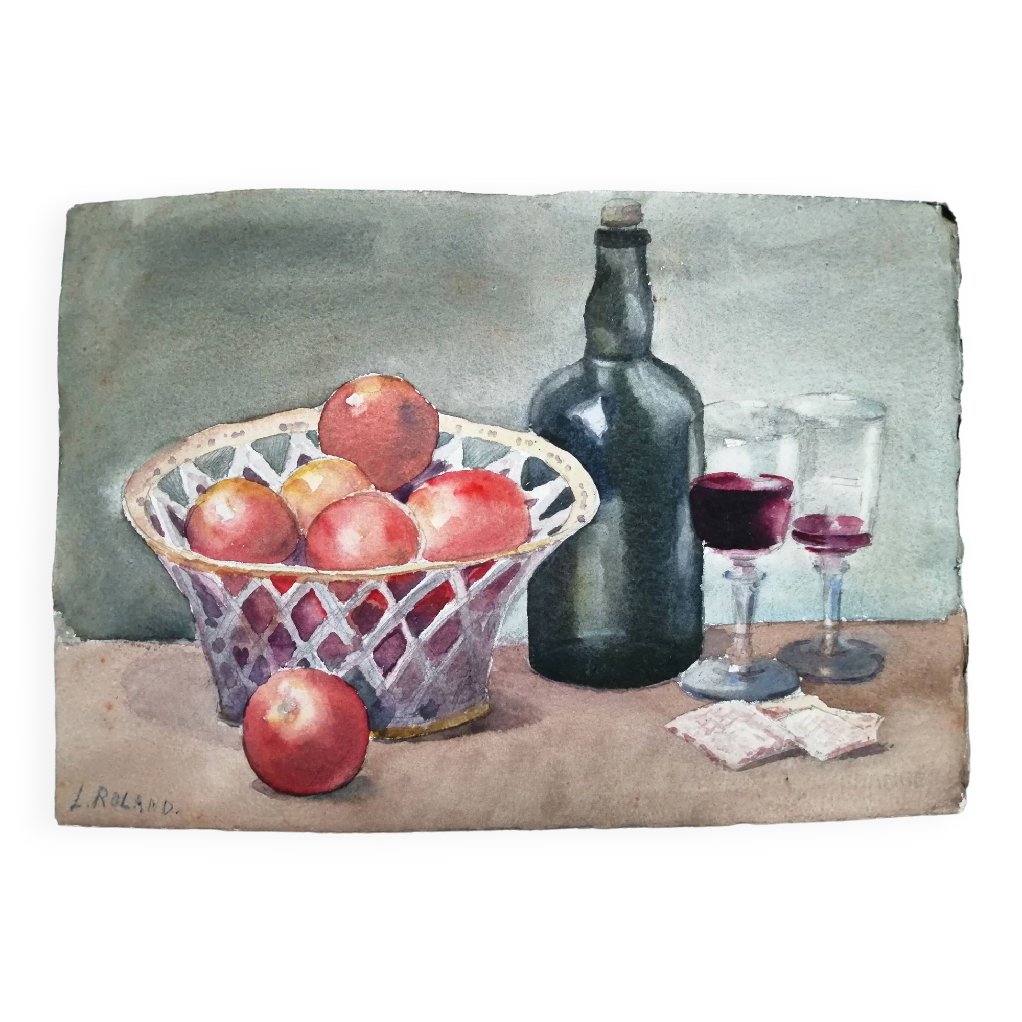 Still life "wines and fruits" Watercolor signed L.Roland