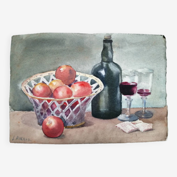 Still Life "wines and fruits" Watercolor signed L.Roland