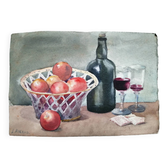 Still Life "wines and fruits" Watercolor signed L.Roland