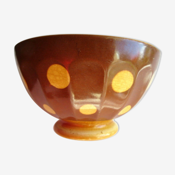 Old Art Deco bowl signed Sarreguemines, brown with mustard yellow polka dots
