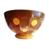 Old Art Deco bowl signed Sarreguemines, brown with mustard yellow polka dots