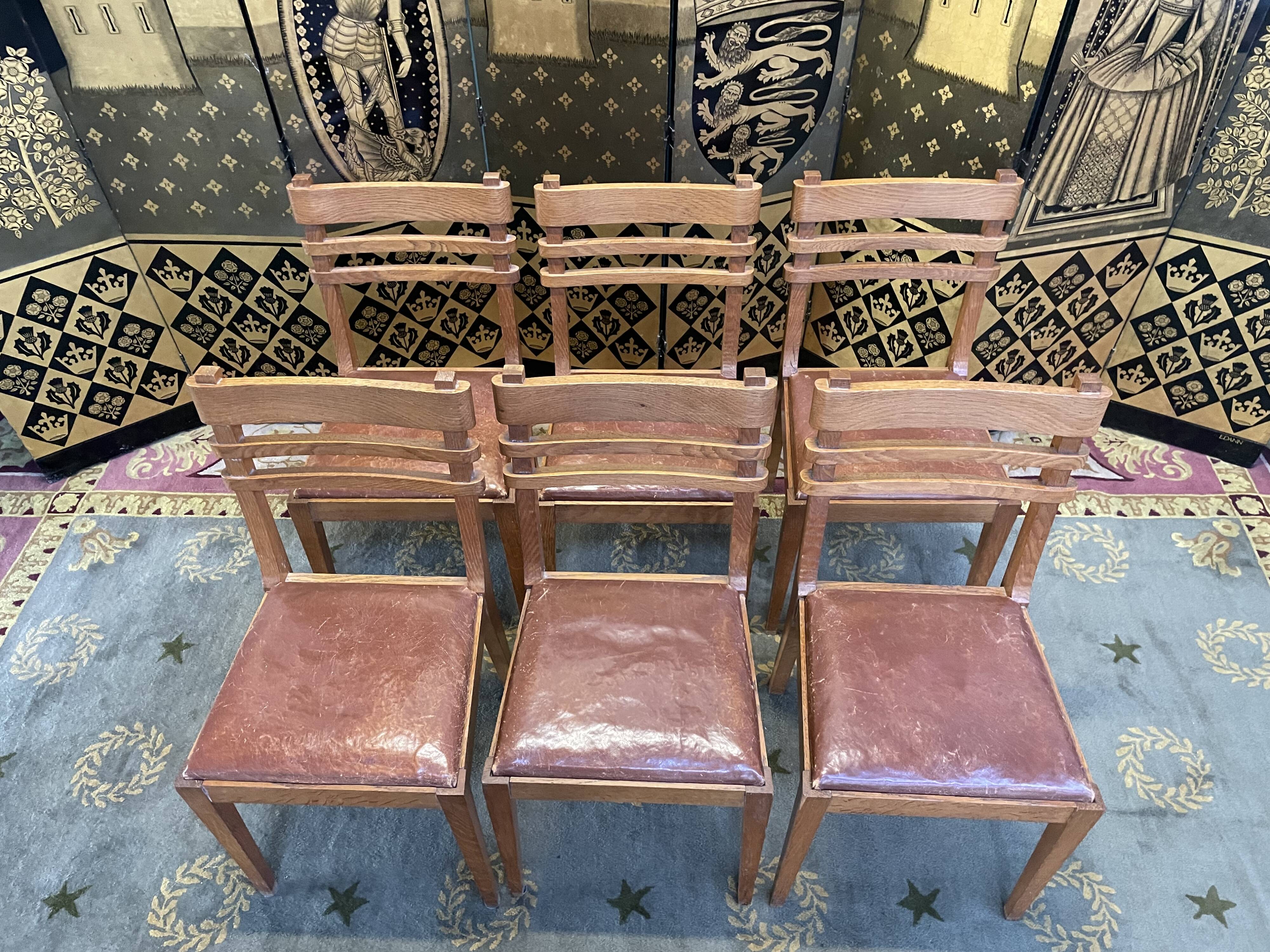 Suite of 6 oak and leather chairs 1950