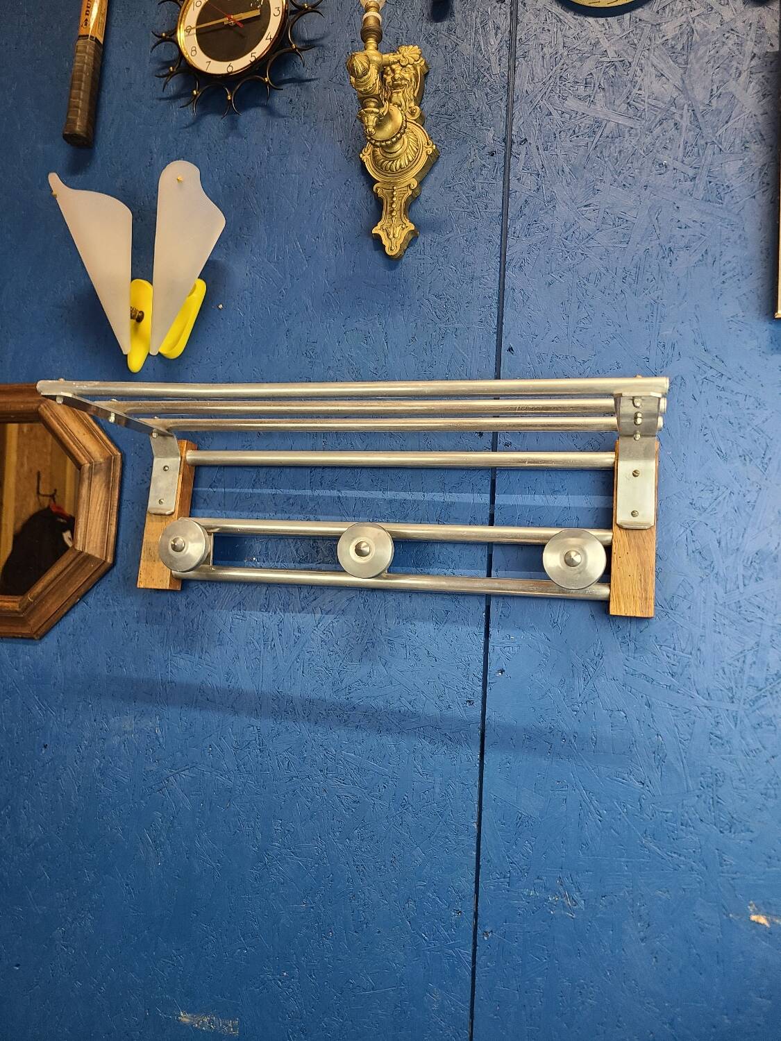 Coat rack, oak, vintage aluminum