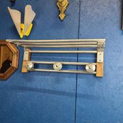 Coat rack, oak, vintage aluminum