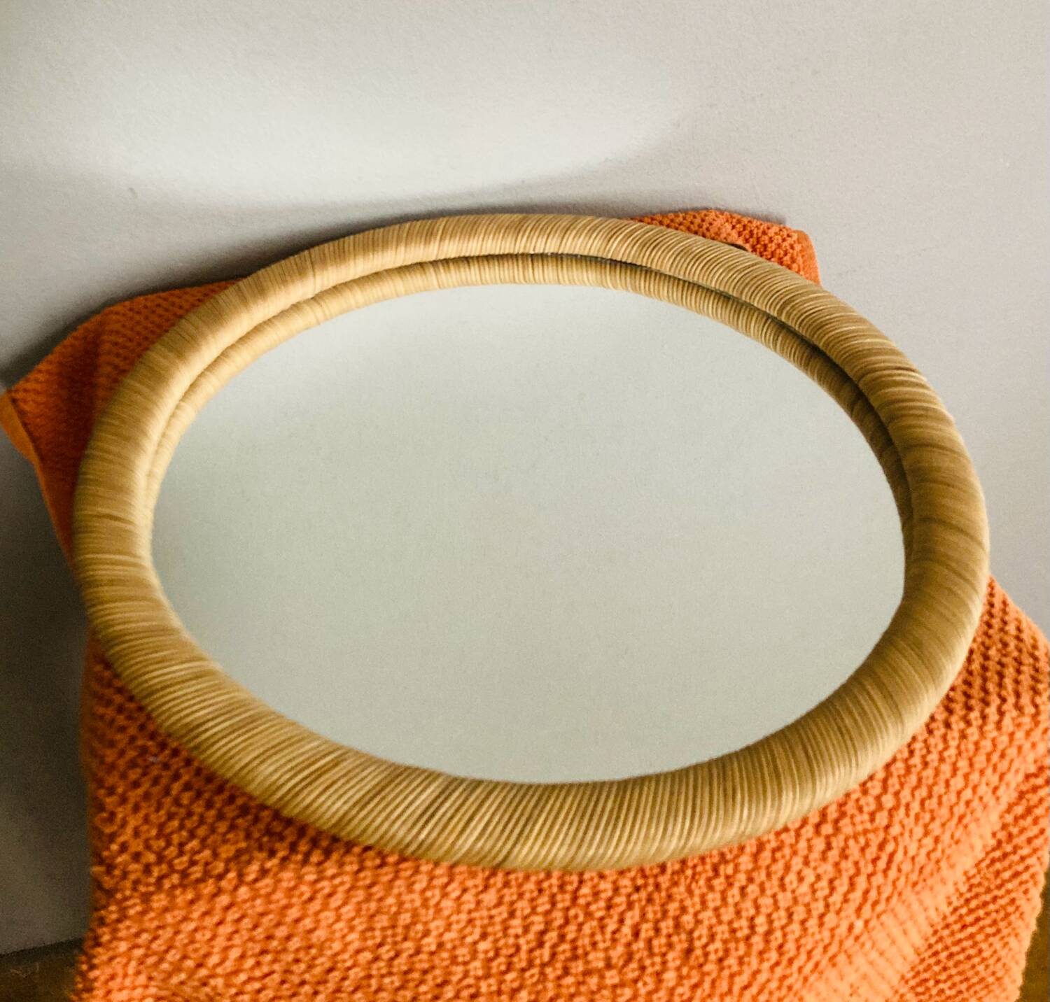 Vintage Round Rattan Wall Mirror 1990s