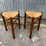 Pair tripod stool vintage design wood and straw