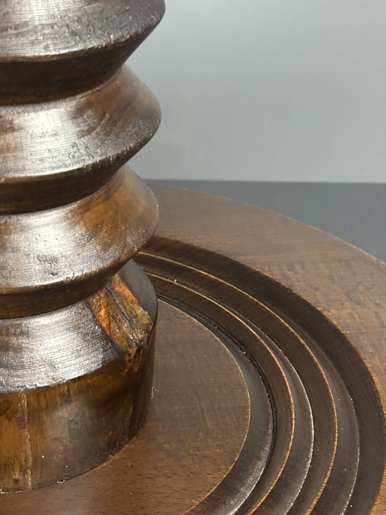 Midcentury brutalist wood turned side table, Charles Dudouyt style, 1950s