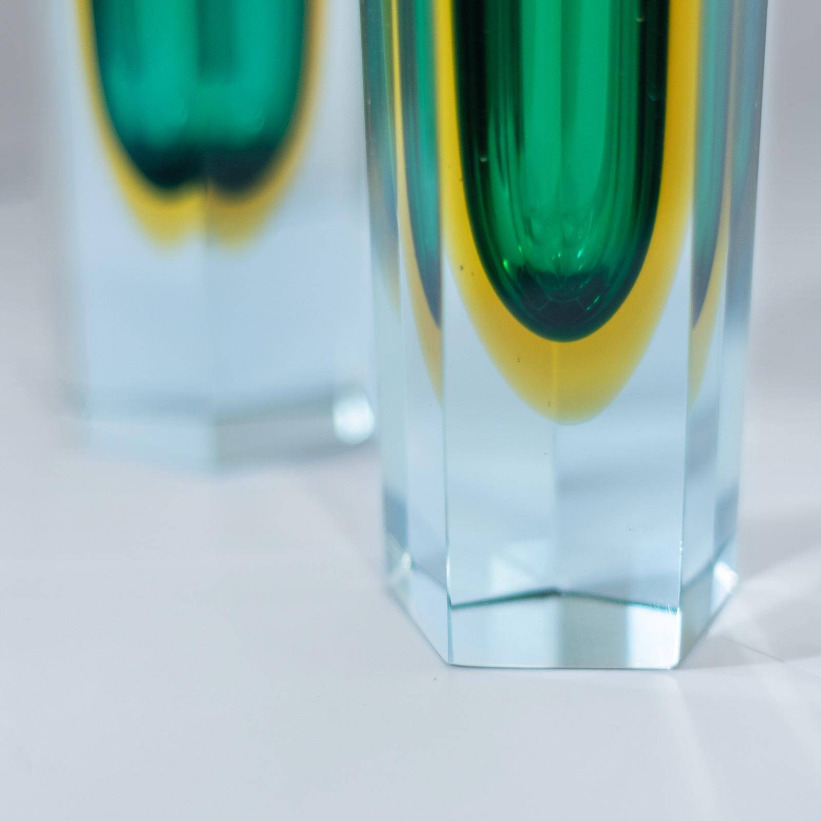 Flavio Poli Murano Sommerso Vases, Green & Yellow Glass, Set of Two