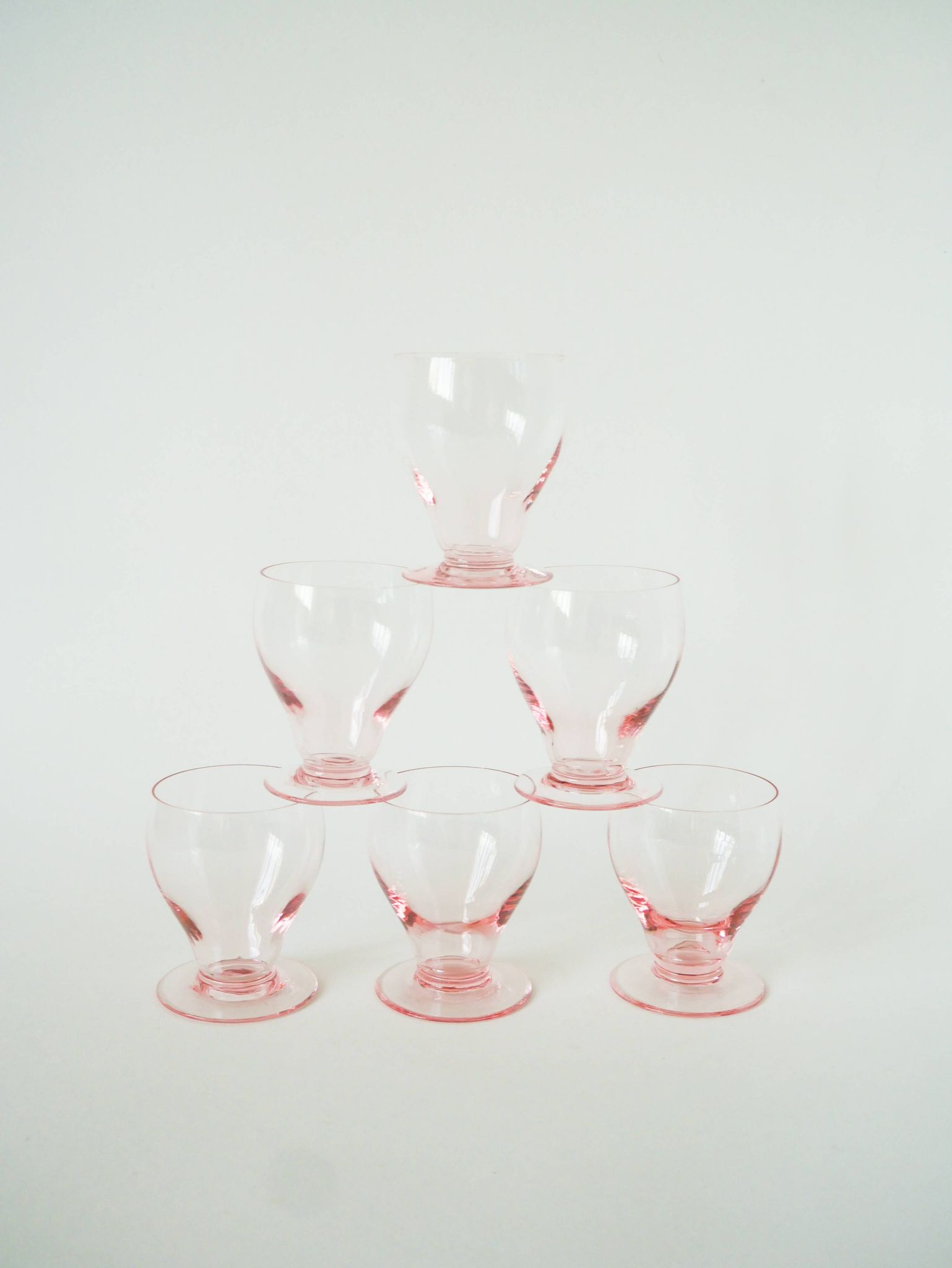 Set of 6 small wine glasses, Pink, Art Deco, 1930