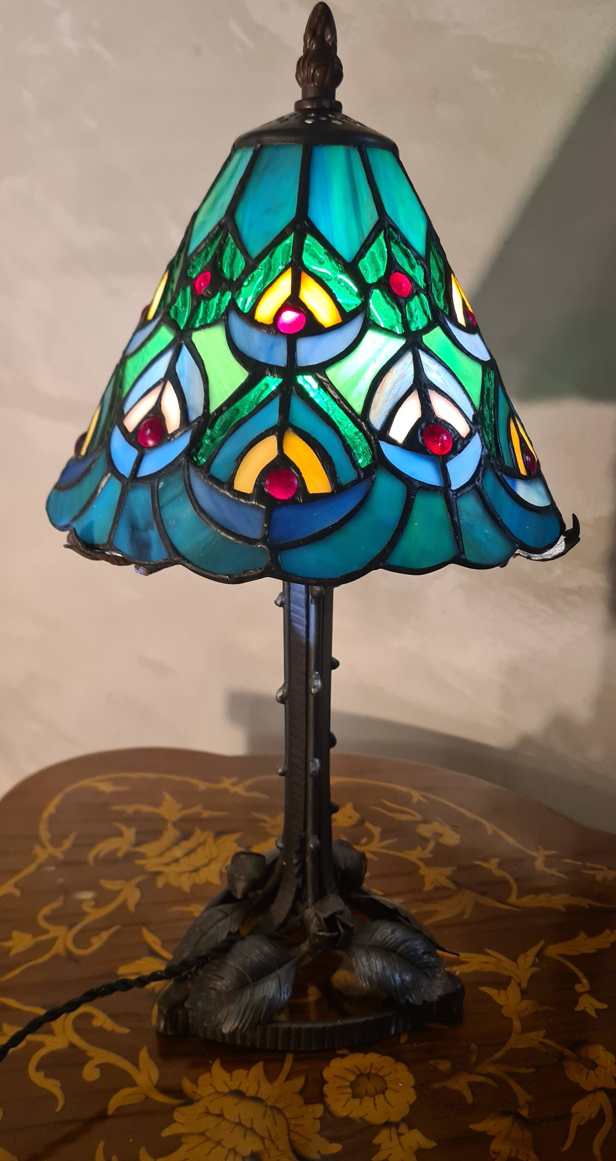 antique wrought iron floor lamp, 1900 to 1940 with stained glass lampshade