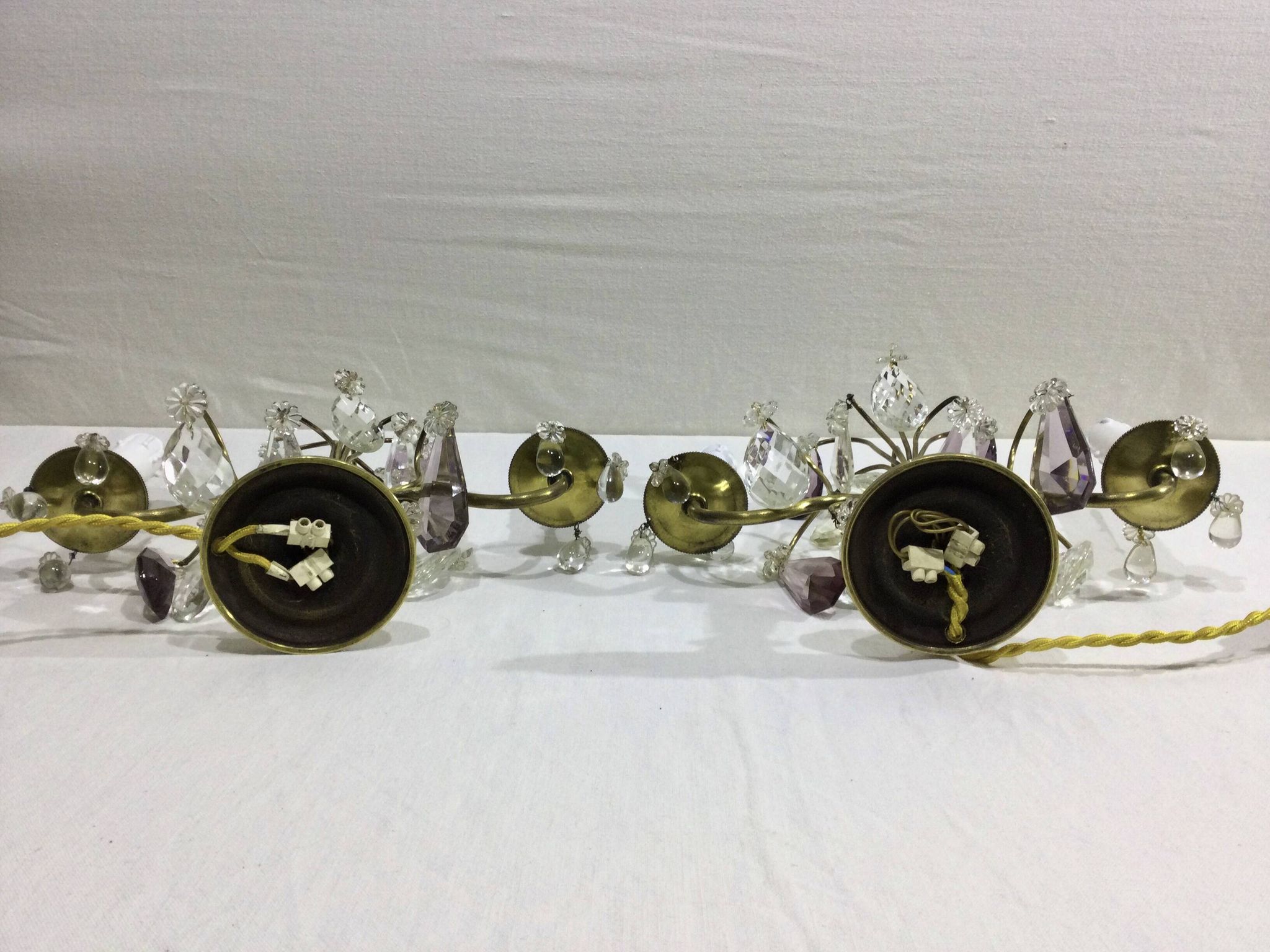 Pair of girandole lamps in bronze and crystal
