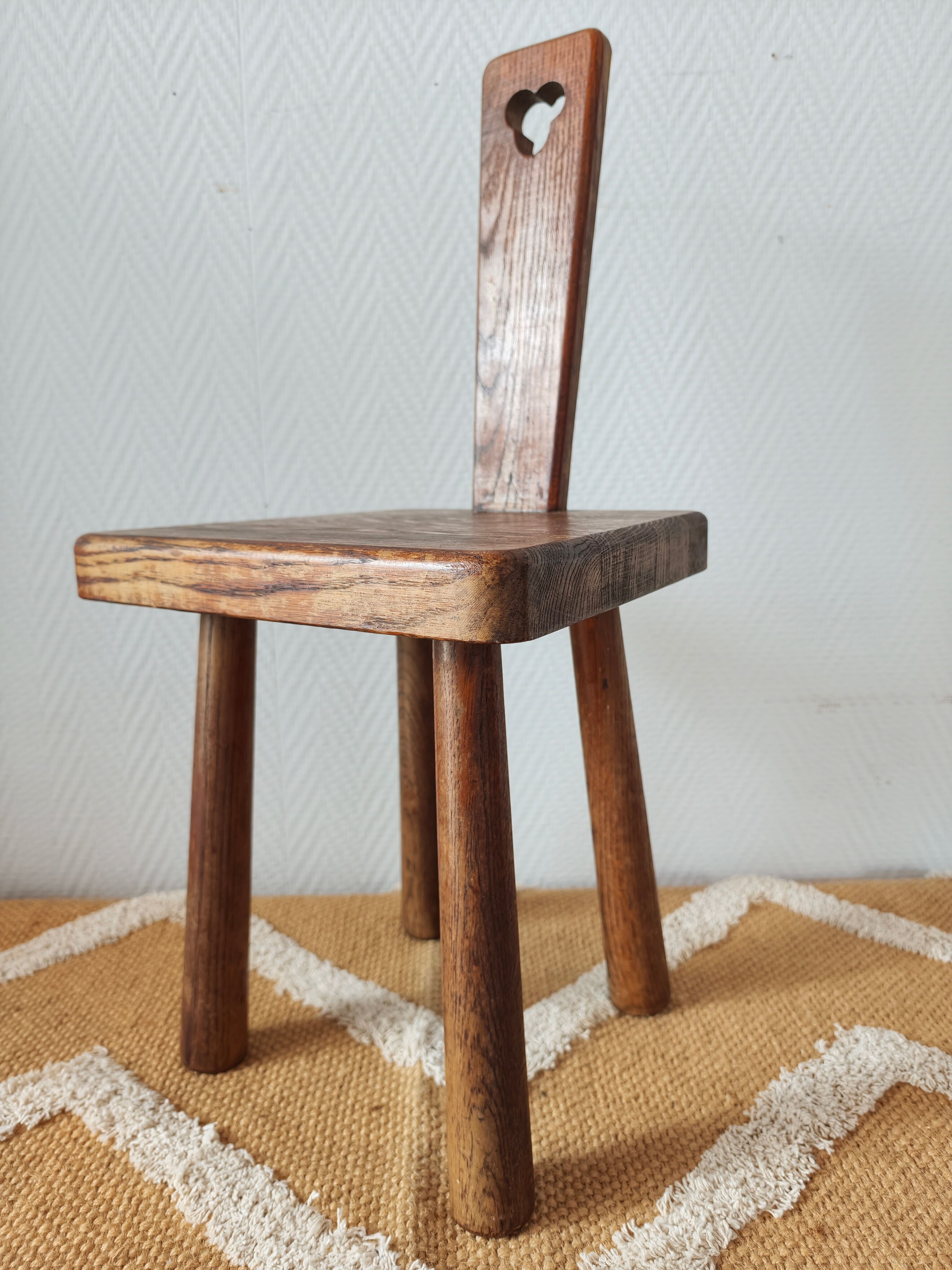 Brutalist stool with backrest in solid oak, origin Netherlands