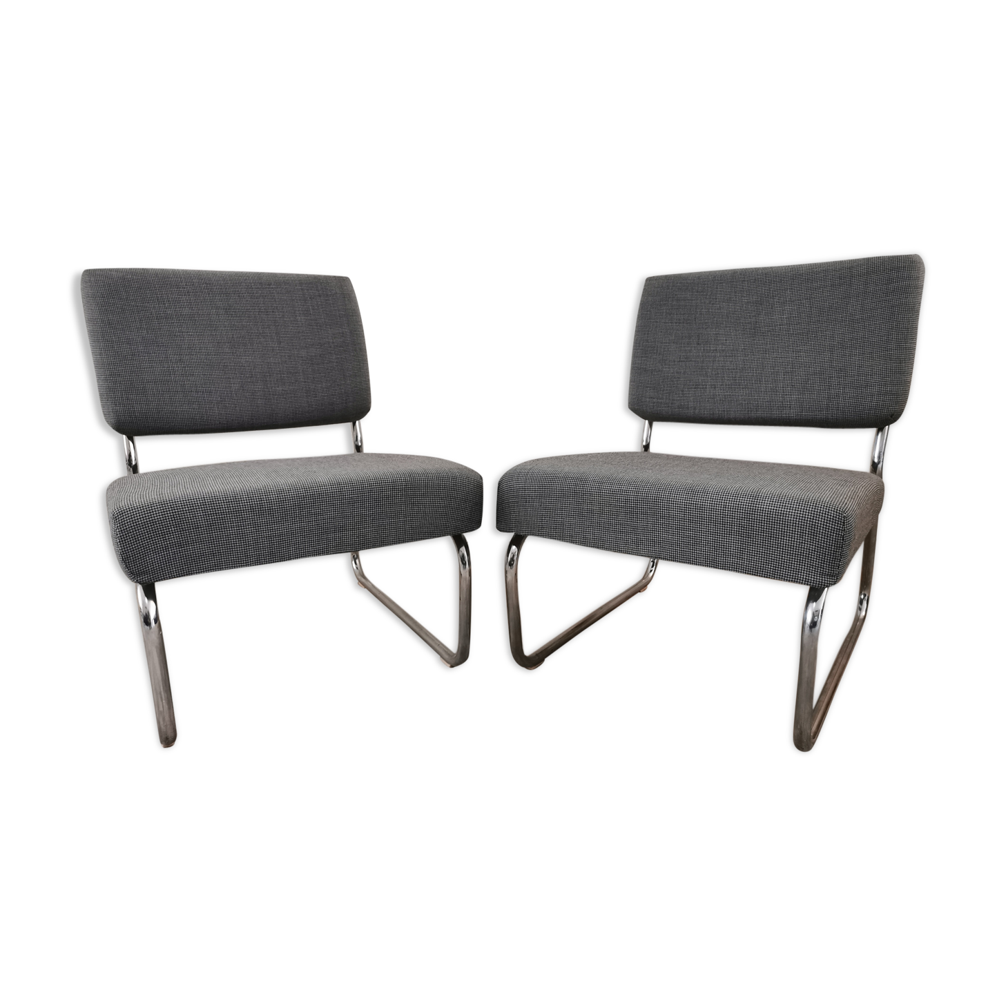 Pair of vintage chrome armchairs and "chicken foot" fabrics