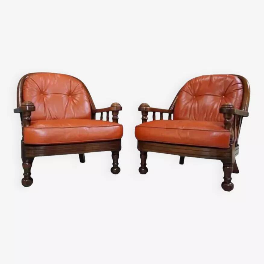 Pair of 60s armchairs in leather and wood